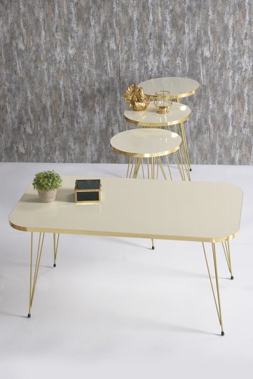 Round 4-Piece Table Set Gold Wire Legs - Cream