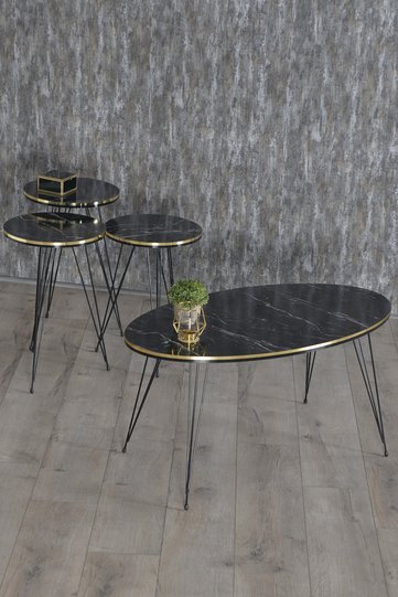 Black Wire Leg Oval 4-Piece Table Set - Black Marble Effect