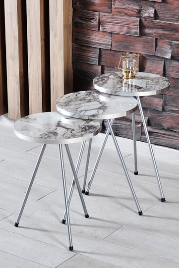 Goldfalez Efes Set of 3 Nesting Tables, Silver Metal Legs, Melamine-faced chipboard, White