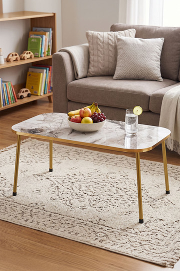 Rectangular Coffee Table Gold Metal Legs - White Marble Effect