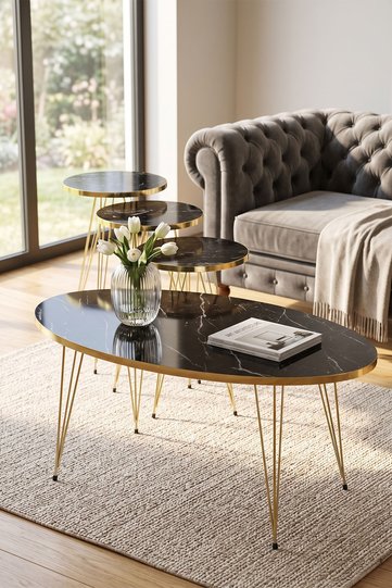 Nesting Table and Coffee Table Ellipse Set Gold Bendir Wire