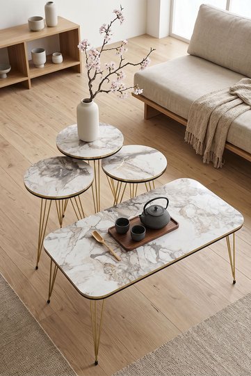 Round 4-Piece Table Set Gold Wire Legs - White Marble Effect