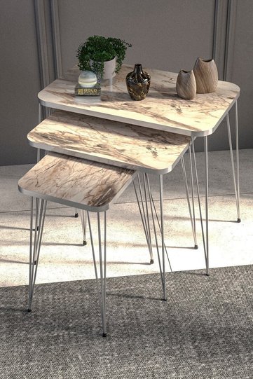 Square Nesting Table Set Gold Wire Legs - White Marble Effect