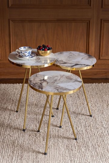 Round Nesting Table Set Gold Metal Legs - White Marble Effect