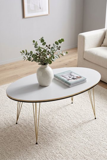 Oval Coffee Table Gold Wire Legs - White