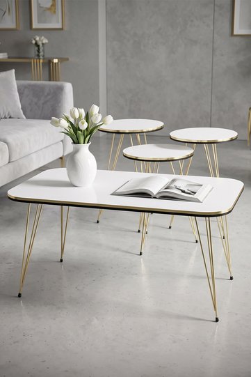 Round 4-Piece Table Set Gold Wire Legs - White