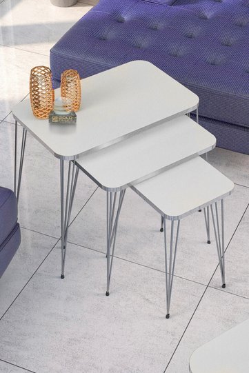 Square Nesting Table Set Gold Wire Legs - White