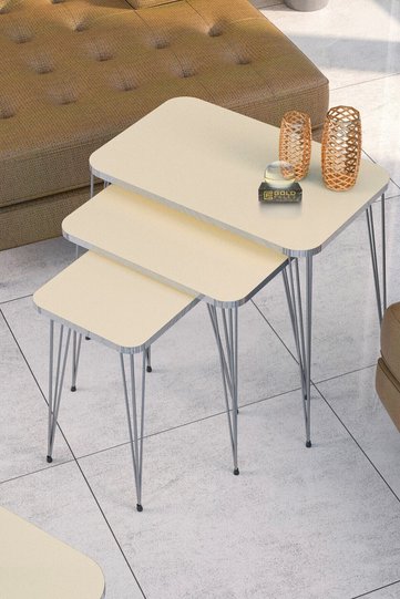 Square Nesting Table Set Gold Wire Legs - Cream