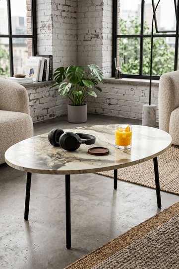 Oval Coffee Table Metal Legs - White Marble Effect