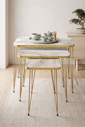 Rectangular Nesting Table Set Gold Wire Legs - White Marble Effect