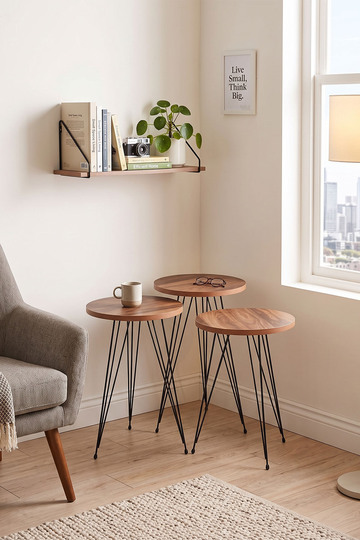 3-Piece Round Nesting Table Set Wire Legs - Walnut