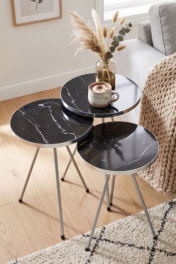 Round Nesting Table Set Gold Metal Legs - Black
