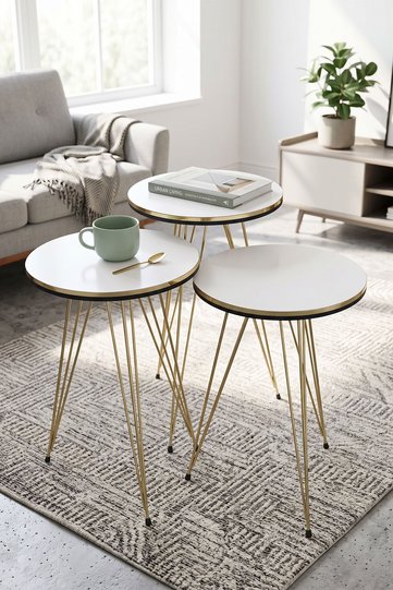 Round Nesting Table Set Gold Wire Legs - White