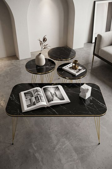 Round 4-Piece Table Set Gold Wire Legs - Black Marble Effect