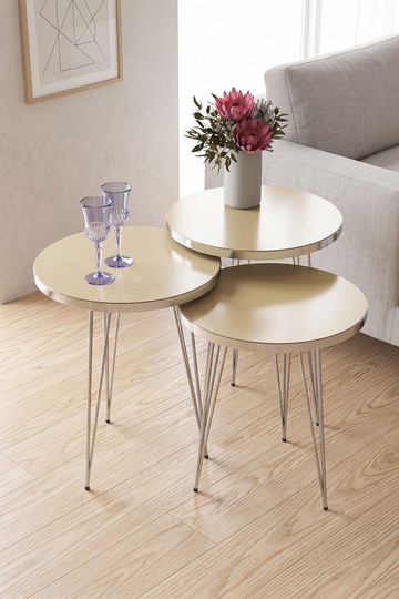 Round Nesting Table Set Gold Wire Legs - Cream
