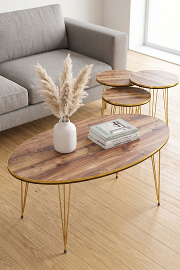 Round 4-Piece Table Set Gold Wire Legs - Walnut