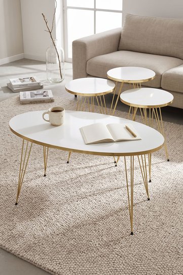 Nesting and Coffee Table White Elliptical Set Gold Wire-legged