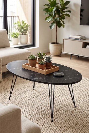 Wire Leg Oval Coffee Table - Black Marble Effect