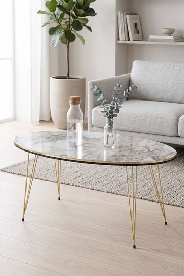 Oval Coffee Table Gold Wire Legs - White Marble Effect