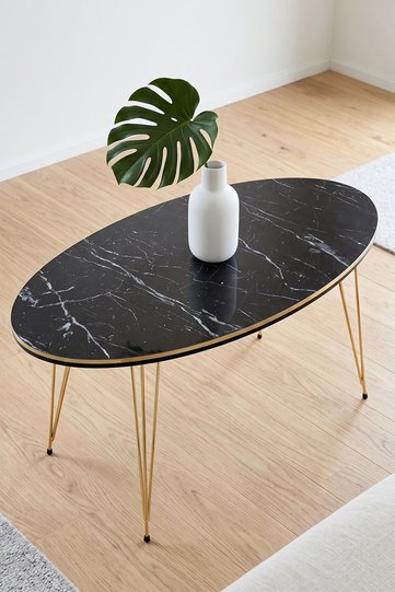 Oval Coffee Table Gold Wire Legs - Black Marble Effect