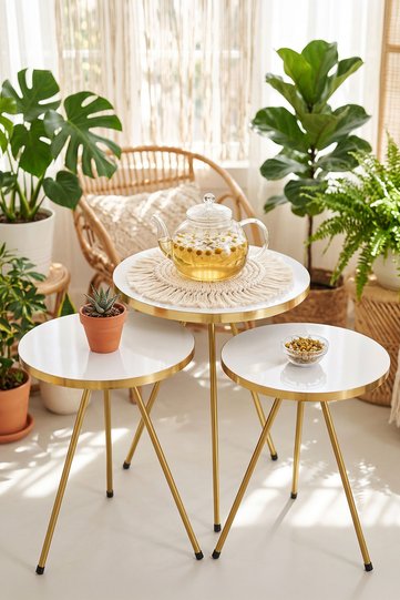Round Nesting Table Set Gold Metal Legs - White