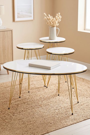 Round 4-Piece Table Set Gold Wire Legs - White Marble Effect 1