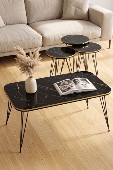 Black Wire Leg Rectangular 4-Piece Table Set - Black Marble Effect