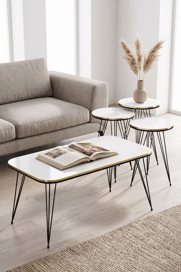 Black Wire Leg Rectangular 4-Piece Table Set - White