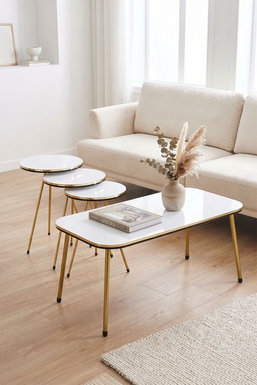 Rectangular Coffee & Nesting Table Set Gold Metal Legs - White Marble Effect