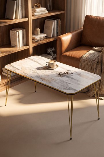 Rectangular Coffee Table Gold Wire Legs - White