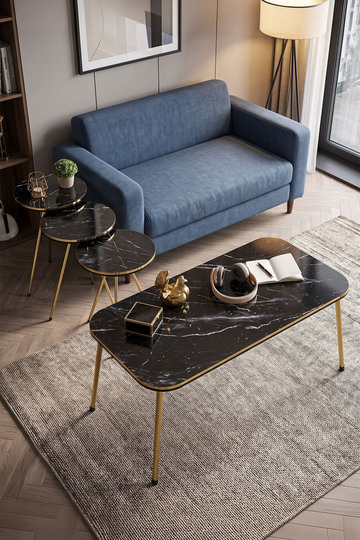 Round Coffee & Nesting Table Set Gold Metal Legs - Black Marble Effect