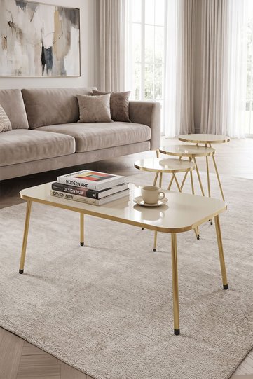 Rectangular Coffee & Nesting Table Set Gold Metal Legs - Cream