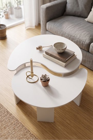 Denge 9255 Modern Decorative Oval Coffee Table Set of 2, for Living Room, White