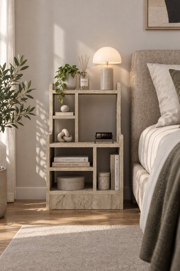 Nature 182 Modern Bedroom Shelf Unit, Nightstand, Shelved Bookshelf, Multi-compartment Decorative Side Table Organizer, Travertine
