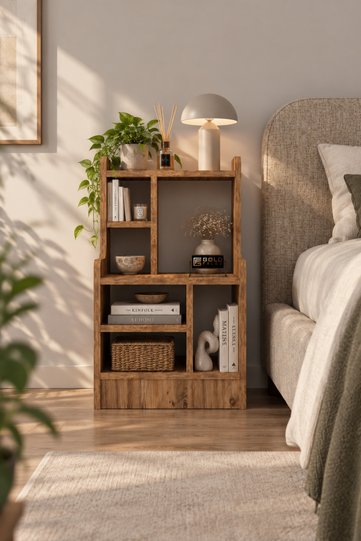 Nature 181 Modern Bedroom Shelf Unit, Nightstand, Shelved Bookshelf, Multi-compartment Decorative Side Table Organizer, Atlantik Pine
