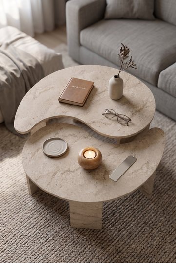 Denge 9254 Modern Decorative Oval Coffee Table Set of 2, for Living Room, Travertine