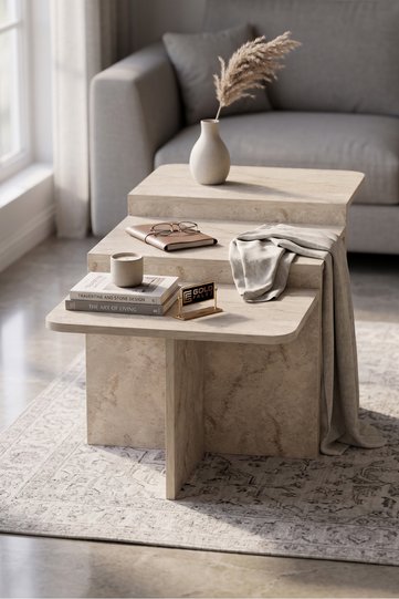 Liva 9258 Modern Square Coffee Table, Set of 3 Nesting Side Tables for Living Room, Travertine