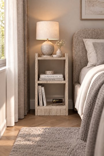 Duru 132 Decorative Nightstand, Bookshelf, Side Table, Organizer Shelf for Bedroom, Living Room, Study Room, Travertine