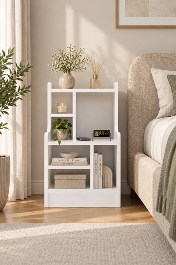 Nature 183 Modern Bedroom Shelf Unit, Nightstand, Shelved Bookshelf, Multi-compartment Decorative Side Table Organizer, White