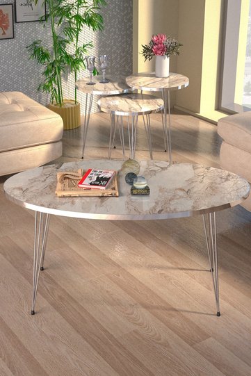 Oval 4-Piece Table Set Gold Wire Legs - White Marble Effect
