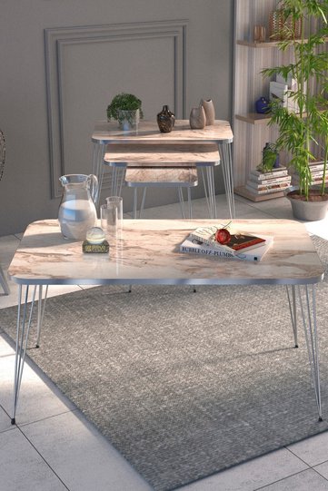 Rectangular 4-Piece Table Set Gold Wire Legs - White Marble Effect