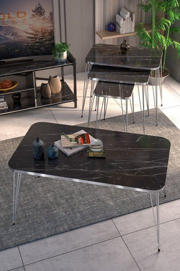 Rectangular 4-Piece Table Set Gold Wire Legs - Black Marble Effect