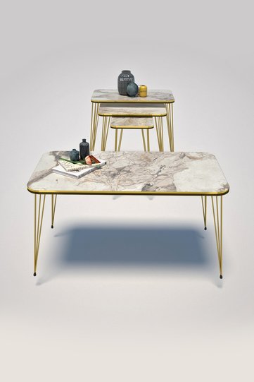 Square 4-Piece Table Set Gold Wire Legs - White Marble Effect