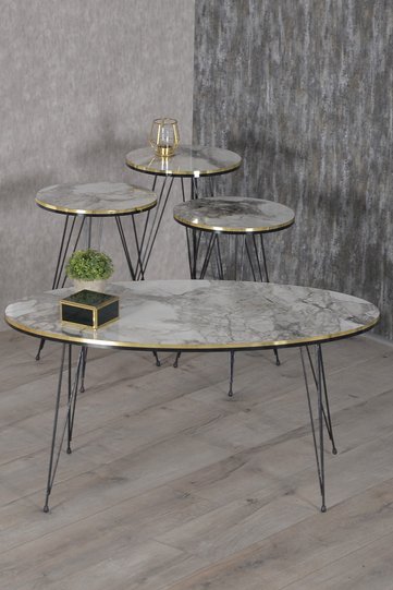 Black Wire Leg Oval 4-Piece Table Set - White Marble Effect