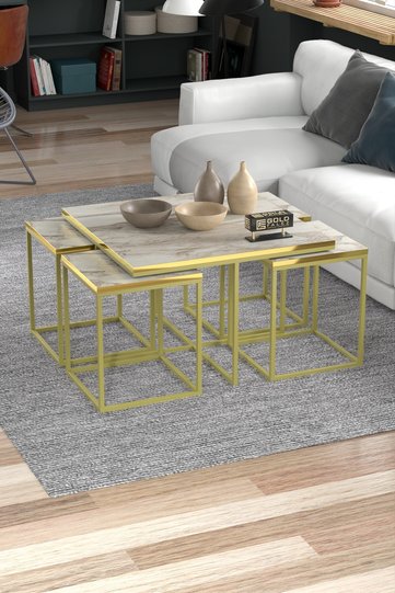 Goldfalez Gold Metal İskelet 5'li Orta Sehpa Seti Suntalam Efes Beyaz