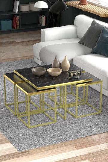Gold Metal Frame 5-Piece Coffee Table Set Melamine-faced Chipboard Bendir Black