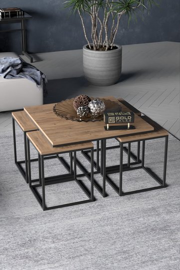 Gold Metal Frame 5-Piece Coffee Table Set Melamine-faced Chipboard Walnut