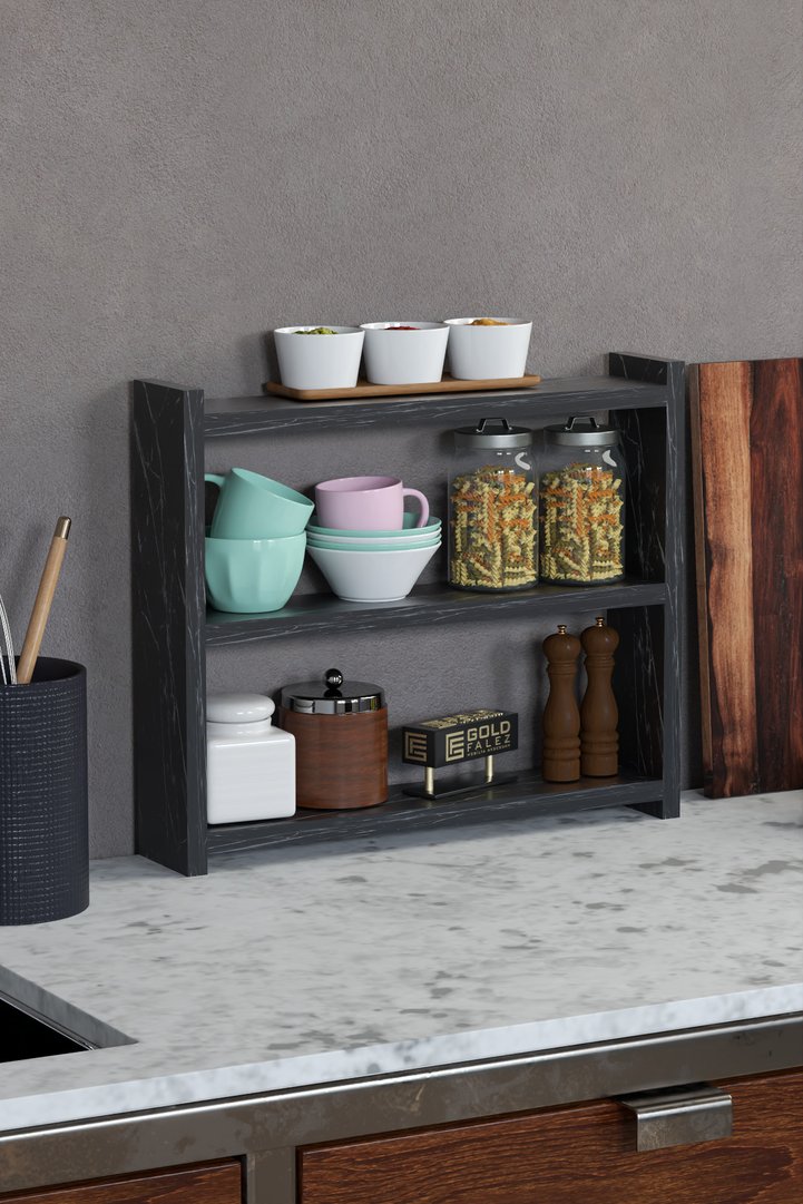 3-Shelf Countertop Kitchen & Bathroom Organiser - Black Marble Effect
