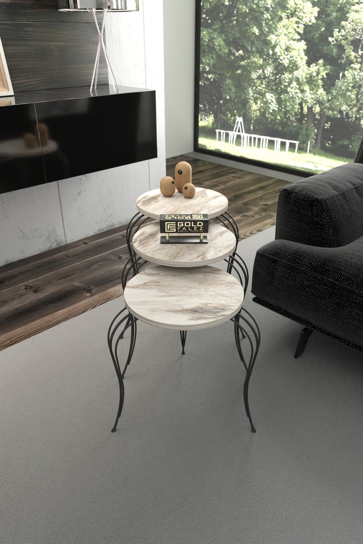 Lukens 3-Piece Round Nesting Table Set Metal Legs - White Marble Effect