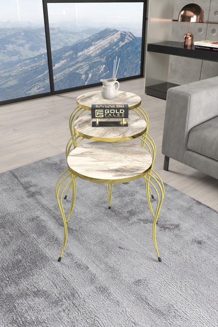Lukens Gold 3-Piece Round Nesting Table Set - White Marble Effect